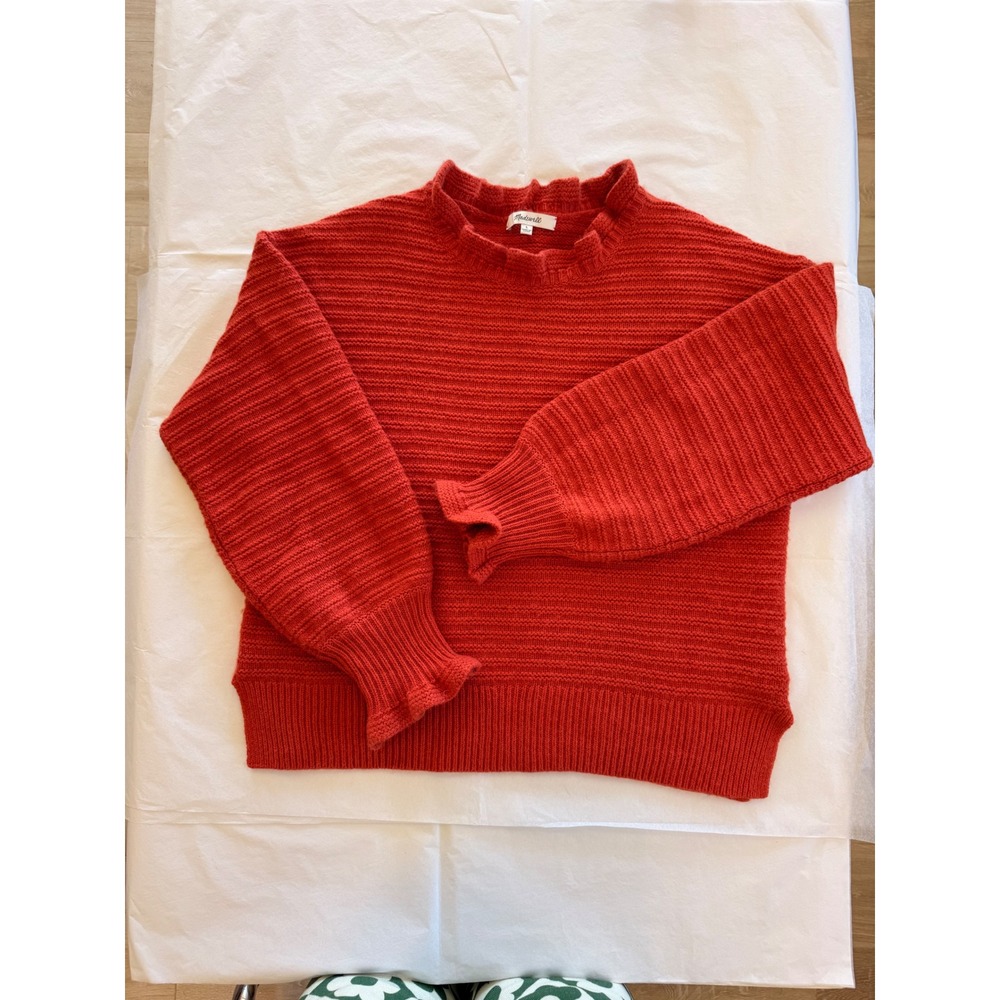 Madewell Sweater Womens Large Red Ruffle Neck Balloon Sleeve Cotton Wool L